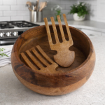 Wood Salad Bowl with 2 Hands - Fruits Mixing Utensils & Claws - Premium Handcrafted